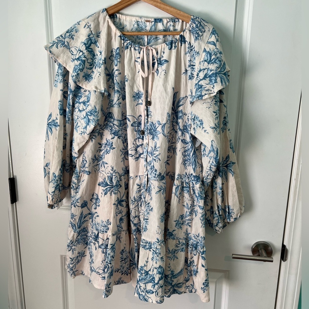 Free People Sunbaked Floral Long Sleeve Swing Minidress Coastal Blue size Medium - Picture 2 of 7